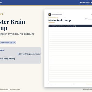 Puede incluir: Una p&aacute;gina digital imprimible titulada Master Brain Dump con un campo de fecha y una gran secci&oacute;n rayada para notas. El encabezado dice Empty Your Head y el subt&iacute;tulo Everything on my mind - no order, no judging. Dise&ntilde;o limpio y blanco.