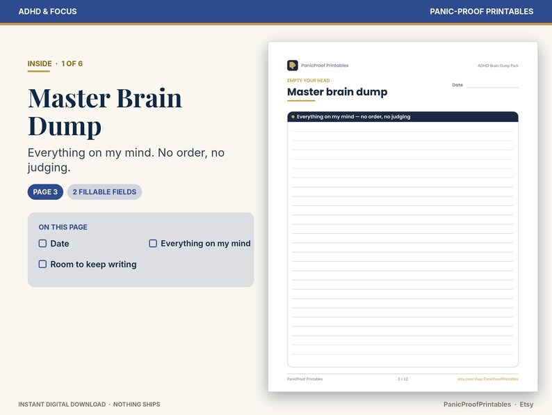 Puede incluir: Una p&aacute;gina digital imprimible titulada Master Brain Dump con un campo de fecha y una gran secci&oacute;n rayada para notas. El encabezado dice Empty Your Head y el subt&iacute;tulo Everything on my mind - no order, no judging. Dise&ntilde;o limpio y blanco.