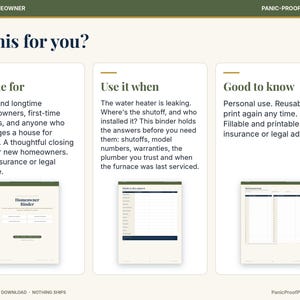 May include: A digital homeowner binder template featuring three sections titled Is this for you?, Made for, Use it when, and Good to know. The document includes pages for home information, maintenance logs, and service records with text in English.