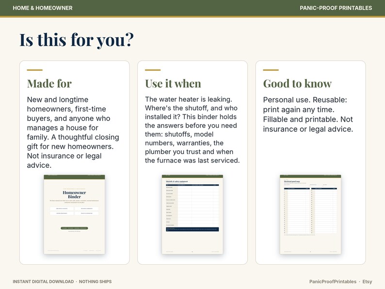 May include: A digital homeowner binder template featuring three sections titled Is this for you?, Made for, Use it when, and Good to know. The document includes pages for home information, maintenance logs, and service records with text in English.