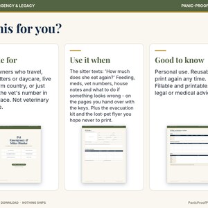 May include: A digital printable pet emergency and sitter binder guide with three sections titled Is this for you, Made for, Use it when, and Good to know. It includes text details for pet owners and three document page previews.