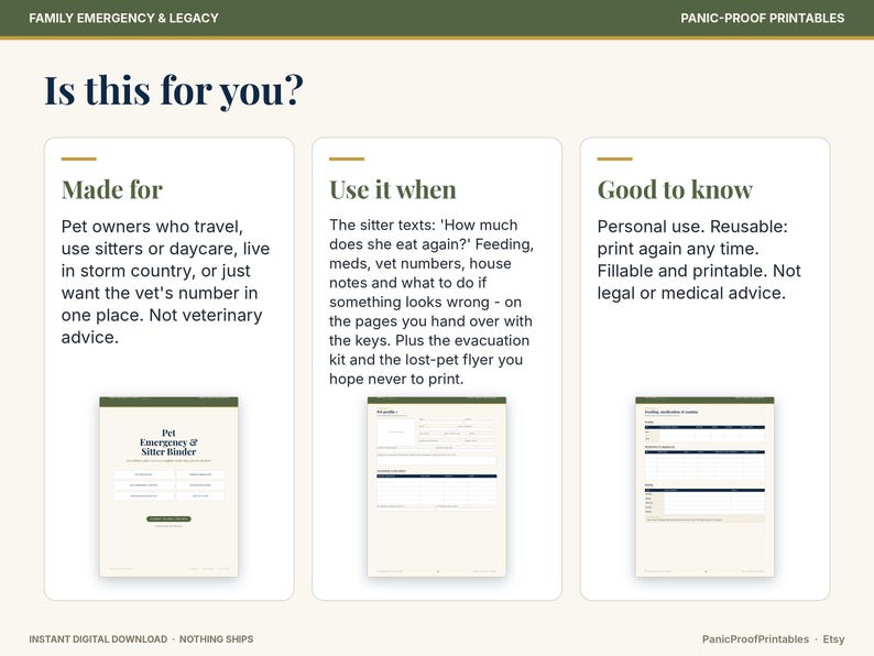 May include: A digital printable pet emergency and sitter binder guide with three sections titled Is this for you, Made for, Use it when, and Good to know. It includes text details for pet owners and three document page previews.