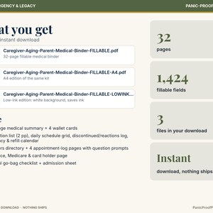 May include: A digital download set titled Family Emergency & Legacy Panic-Proof Printables. It includes three PDF files: a 32-page fillable medical binder, an A4 edition, and a low-ink version. Features 1,424 fillable fields and various medical tracking forms.