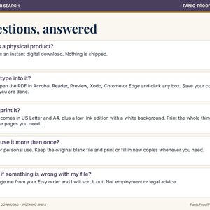 May include: An informational graphic titled Questions, answered with a dark purple header and cream background. It lists five frequently asked questions about a digital download product, including details on printing, typing, and usage.