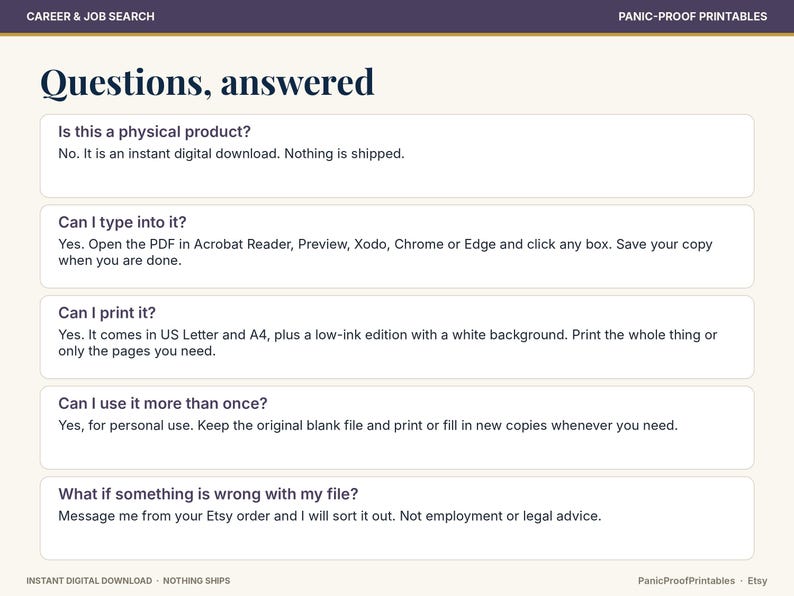 May include: An informational graphic titled Questions, answered with a dark purple header and cream background. It lists five frequently asked questions about a digital download product, including details on printing, typing, and usage.