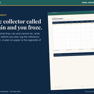 May include: A digital debt inventory worksheet with a dark blue background and cream-colored paper. The text reads: The collector called again and you froze. Know what they can and cannot do, write the ask before you dial, log the reference number.