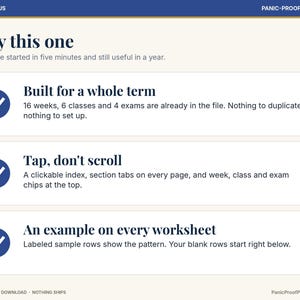 Puede incluir: Una p&aacute;gina de planificador digital titulada Why this one con el texto ADHD & FOCUS y PANIC-PROOF PRINTABLES. Enumera tres caracter&iacute;sticas: Built for a whole term, Tap, don't scroll y An example on every worksheet, cada una con una marca de verificaci&oacute;n azul.