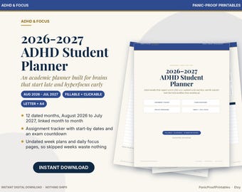 Puede incluir: Un planificador estudiantil TDAH 2026-2027 en formato digital con fondo crema y texto azul oscuro. Incluye un rastreador de tareas, cuenta regresiva para exámenes y páginas semanales y diarias sin fecha. Es rellenable y clicable.