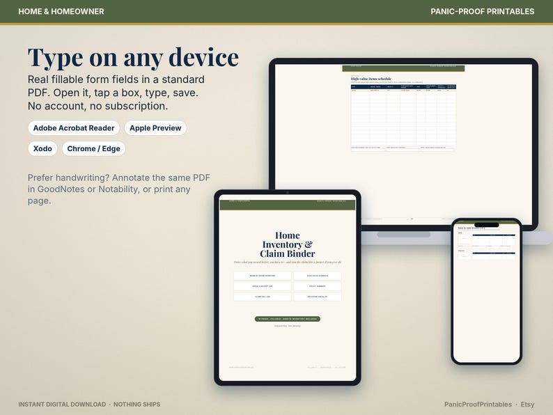 May include: A digital Home Inventory and Claim Binder displayed on a laptop, tablet, and smartphone. The screen shows fillable PDF form fields with text including Type on any device, Adobe Acrobat Reader, Apple Preview, Xodo, and Chrome/Edge.