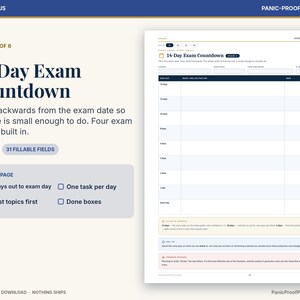 Puede incluir: Una p&aacute;gina de planificador digital titulada 14-Day Exam Countdown con una tabla que incluye columnas para d&iacute;as restantes, tareas, fechas y casillas de verificaci&oacute;n. El dise&ntilde;o contiene secciones para detalles de ex&aacute;menes y 31 campos rellenables.