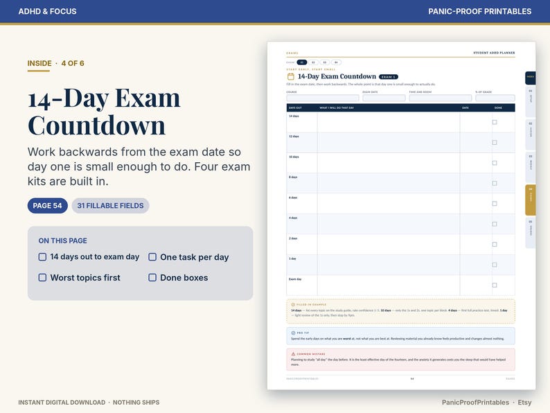 Puede incluir: Una p&aacute;gina de planificador digital titulada 14-Day Exam Countdown con una tabla que incluye columnas para d&iacute;as restantes, tareas, fechas y casillas de verificaci&oacute;n. El dise&ntilde;o contiene secciones para detalles de ex&aacute;menes y 31 campos rellenables.