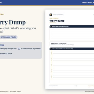 Puede incluir: Una hoja de trabajo digital imprimible titulada Worry Dump con secciones para What's worrying me right now, Is each worry in my control, y If it's in my control - my one next step. El dise&ntilde;o incluye espacios con l&iacute;neas y casillas de verificaci&oacute;n.