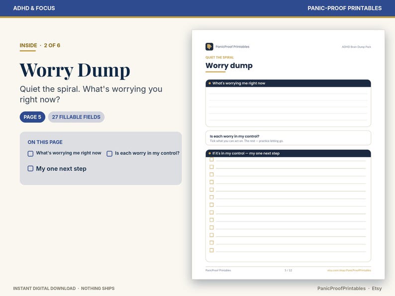 Puede incluir: Una hoja de trabajo digital imprimible titulada Worry Dump con secciones para What's worrying me right now, Is each worry in my control, y If it's in my control - my one next step. El dise&ntilde;o incluye espacios con l&iacute;neas y casillas de verificaci&oacute;n.