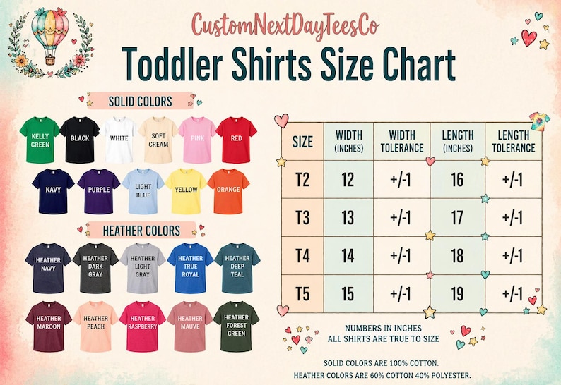 The image is a colorful toddler shirts size chart from CustomNextDayTeesCo, featuring solid colors and various heather colors. The chart provides size information for different age groups, including 12-16 inches, and includes a table with size ranges and corresponding color options. The chart also includes a list of solid colors and a list of heather colors, along with a description of the chart.