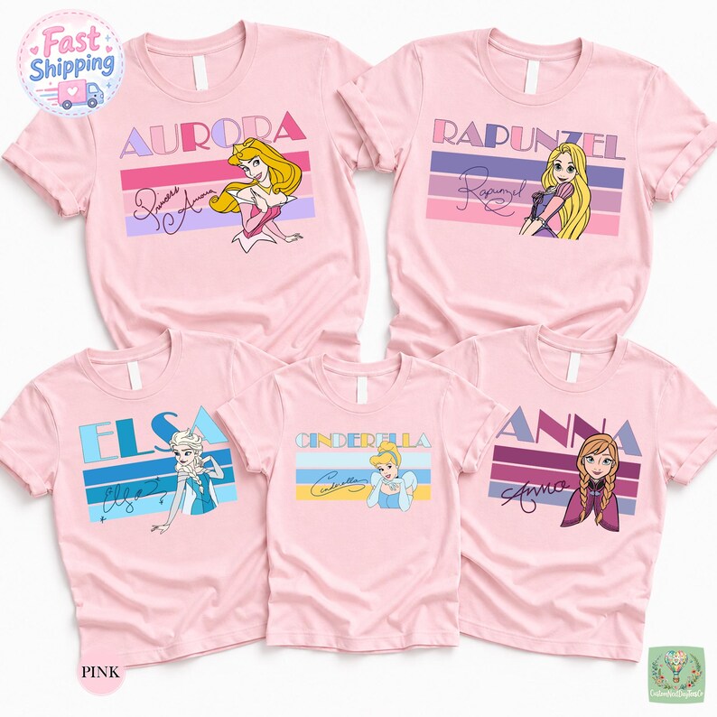 a collection of pink t-shirts featuring Disney princesses, including Aurora, Rapunzel, Elsa, Cinderella, and Anna.