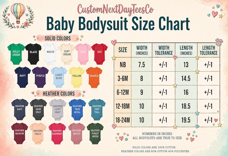 The image is a baby bodysuit size chart from CustomNextDayTeesCo, featuring a variety of solid colors and sizes for baby boys.
