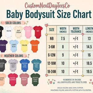 The image is a baby bodysuit size chart from CustomNextDayTeesCo, featuring a variety of solid colors and sizes for baby boys.