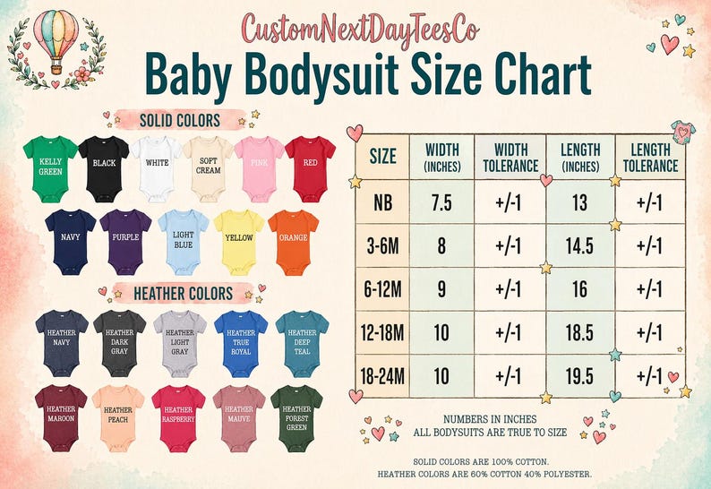 The image is a baby bodysuit size chart from CustomNextDayTeesCo, featuring a variety of solid colors and sizes for baby boys.