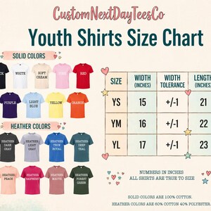 The image is a youth shirts size chart from CustomNextDayTeesCo, displaying solid colors and various sizes for different t-shirt designs.
