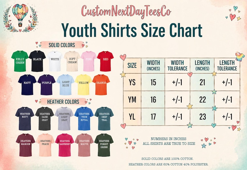 The image is a youth shirts size chart from CustomNextDayTeesCo, displaying solid colors and various sizes for different t-shirt designs.