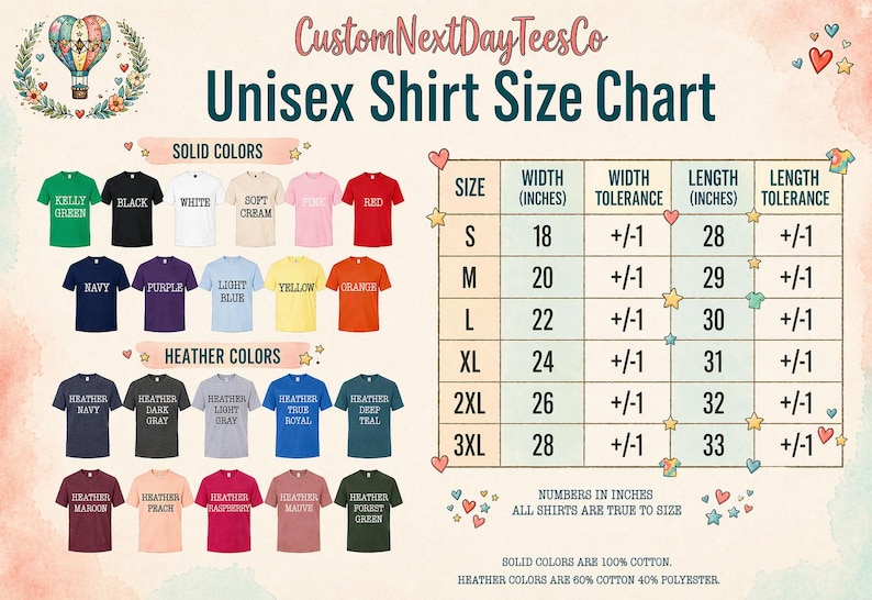 The image is a chart titled "Unisex Shirt Size Chart" from CustomNextDayTees Co. It displays various solid colors and their corresponding sizes, along with the corresponding width, width tolerance, length, and length tolerance. The chart also includes a list of solid colors and their corresponding sizes, as well as a list of heather colors and their corresponding sizes. The chart provides a visual representation of the different shirt sizes available for purchase.