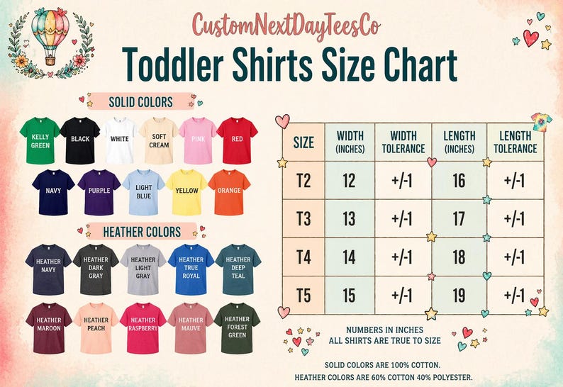 The image is a colorful toddler shirts size chart from CustomNextDayTeesCo, featuring solid colors and various heather colors. The chart provides size information for different age groups, including 12-16 inches, and includes a table with size ranges and corresponding color options. The chart also includes a list of solid colors and a list of heather colors, along with a description of the chart.