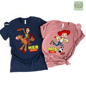 two t-shirts with cartoon characters from the Toy Story franchise, specifically Woody and Jessie.