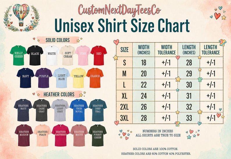 The image is a chart titled "Unisex Shirt Size Chart" from CustomNextDayTees Co. It displays various solid colors and their corresponding sizes, along with the corresponding width, width tolerance, length, and length tolerance. The chart also includes a list of solid colors and their corresponding sizes, as well as a list of heather colors and their corresponding sizes. The chart provides a visual representation of the different shirt sizes available for purchase.