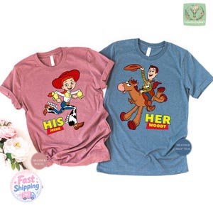 two t-shirts with cartoon characters from the Toy Story franchise, specifically Woody and Jesse.