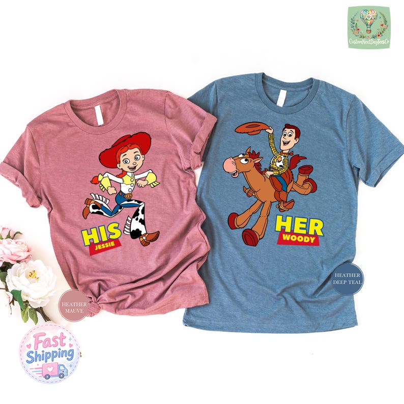 two t-shirts with cartoon characters from the Toy Story franchise, specifically Woody and Jesse.