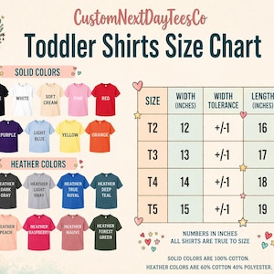 The image is a colorful toddler shirts size chart from CustomNextDayTeesCo, featuring solid colors and various heather colors. The chart provides size information for different age groups, including 12-16 inches, and includes a table with size ranges and corresponding color options. The chart also includes a list of solid colors and a list of heather colors, along with a description of the chart.