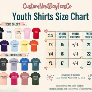The image is a youth shirts size chart from CustomNextDayTeesCo, displaying solid colors and various sizes for different t-shirt designs.