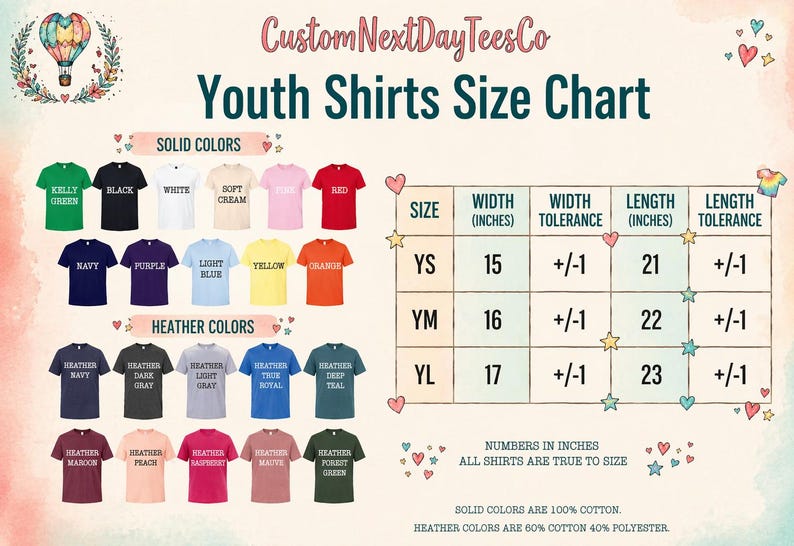 The image is a youth shirts size chart from CustomNextDayTeesCo, displaying solid colors and various sizes for different t-shirt designs.