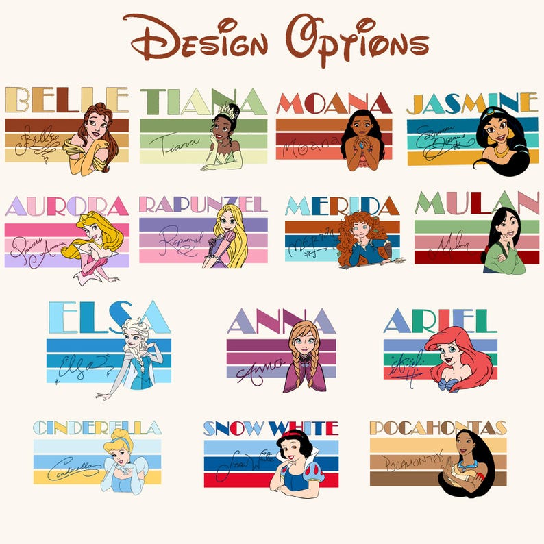 a collection of Disney princess character designs, each featuring a different Disney character. The designs include Belle, Tiana, Moana, Jasmine, Aurora, Rapunzel, MEREDA, MULU, Elsa, Anna, Ariel, Cinderella, Snow White, and Pocahontas.