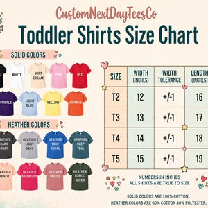 The image is a colorful toddler shirts size chart from CustomNextDayTeesCo, featuring solid colors and various heather colors. The chart provides size information for different age groups, including 12-16 inches, and includes a table with size ranges and corresponding color options. The chart also includes a list of solid colors and a list of heather colors, along with a description of the chart.