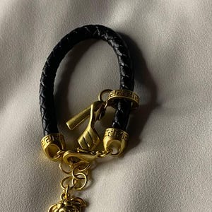 VERSACE Gold Black Leather Medusa Bracelet