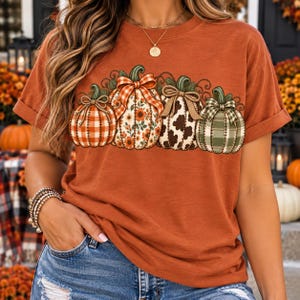 Op de afbeelding: Een roestkleurig t-shirt met korte mouwen en een grafische print van vier pompoenen op een rij. Elke pompoen heeft een eigen patroon, waaronder oranje gingham, bloemenprint, bruin koeienvlekkenpatroon en een groen ruitpatroon.