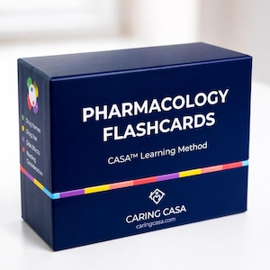 May include: A navy blue box of pharmacology flashcards. The box has white text that reads "PHARMACOLOGY FLASHCARDS" and "CASA Learning Method". The box also has a colorful stripe and the Caring Casa logo.