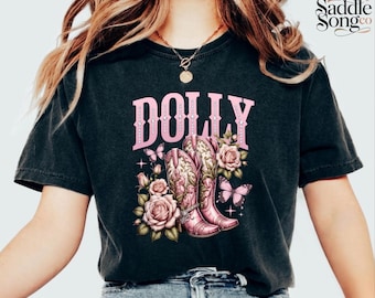 Comfort Colors® Dolly Shirt, Pink Floral Cowboy Boots Shirt, Country Western T-shirt, Vintage Style T-shirt, Trendy Western Apparel