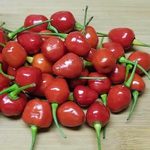 May include: A pile of vibrant red cherry peppers with green stems and caps. The peppers are clustered together, showcasing their glossy skin and rounded shape. The background is a light wooden surface.