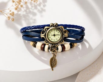 Boho Blue Braided Leather Wrap Watch – Vintage Leaf Charm Bracelet Style timepiece