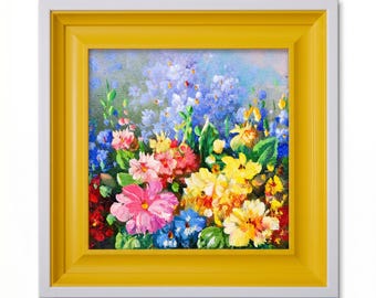 Original Wildblumen Ölgemälde | Lebendige Blumen Impasto Kunst | 100x100 Miniatur Leinwand
