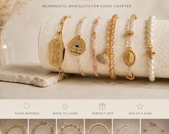Fe. Familia. Sol. Colección de pulseras: pulseras de dijes hechas a mano, cadena elástica con cuentas doradas y cadena tipo clip, joyería inspirada en la fe, Laye
