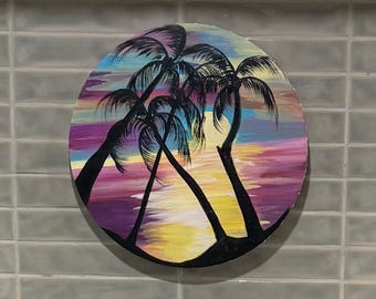 Pintura tropical original "Frondas al atardecer" / Arte de palmera de 14 x 14 pulgadas