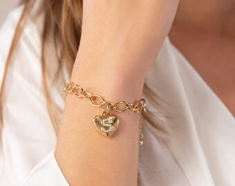 Pulsera con dije de corazón dorado / Joyería con cadena de cristal ajustable