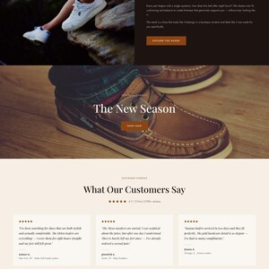 May include: A webpage for Maison footwear featuring brown leather boat shoes, white sneakers, and tan suede boots. The layout includes product listings for loafers, sneakers, and boots, customer testimonials, and a newsletter sign-up section.
