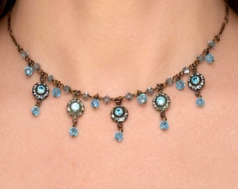 Liz Palacios Blue Swarovski Crystal Collar Necklace Antique Gold Romantic Style Handmade Designer Jewelry