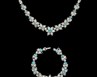 Vintage Bogoff Necklace and Bracelet Set Aquamarine & Clear Floral Rhinestones