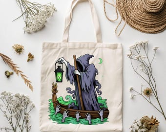 Grim Reaper Boat PNG – Charon Ferryman Digital Download, Halloween Reaper Lantern Graphic, Dark Fantasy Spooky Sublimation Design
