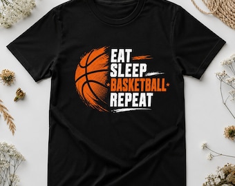 Eat Sleep Basketball Repeat PNG – Distressed Basketball Sublimation Design, Grunge Sports Quote Transparent Digital Download